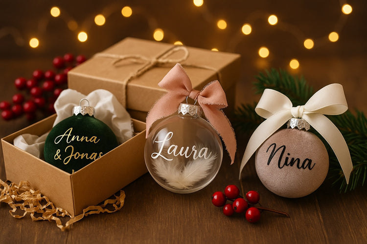 Drei personalisierte Weihnachtskugeln in Geschenkbox mit Lichterketten im Hintergrund.