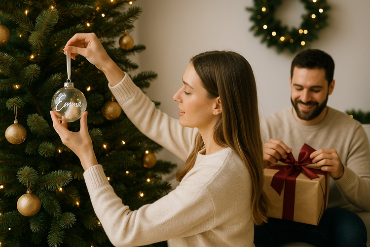 Frau hängt eine personalisierte Weihnachtskugel mit Namen an den festlich geschmückten Weihnachtsbaum, während ihr Partner im Hintergrund ein Geschenk auspackt – gemütliche weihnachtliche Stimmung.