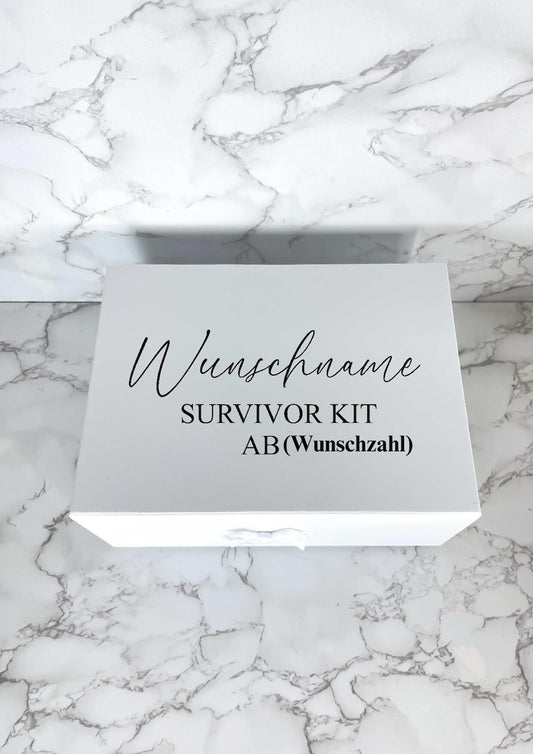 Personalisierbare Geschenkbox Survivor Kit zum SelberbefĂŒllen fĂŒr runde Geburtstage, ideal fĂŒr den 18., 30. oder 40. Geburtstag