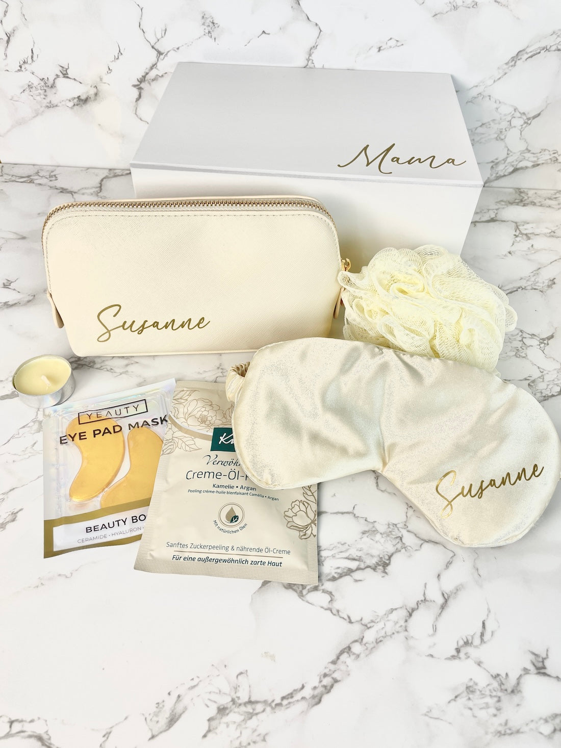 Wellness Geschenkidee mit Badeprodukt, Duftkerze und Badeschwamm für Mama