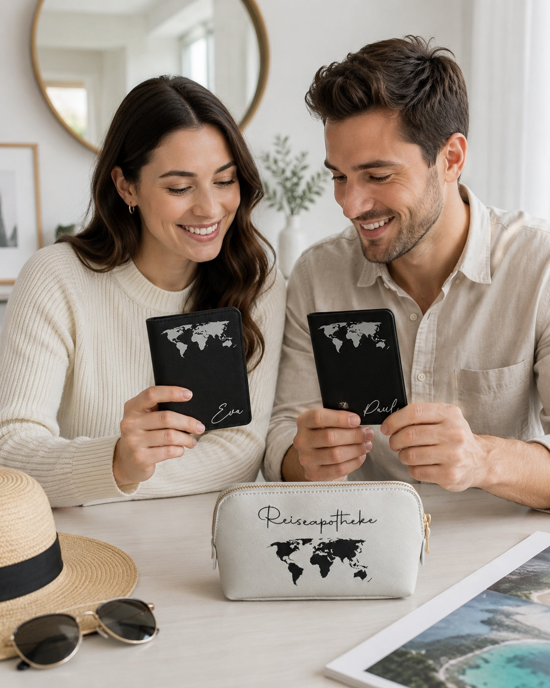 Helles Lifestyle-Bild mit einem lächelnden Paar, das personalisierte schwarze Reisepasshüllen in der Hand hält, während die passende hellgraue Reiseapotheke auf dem Tisch steht.