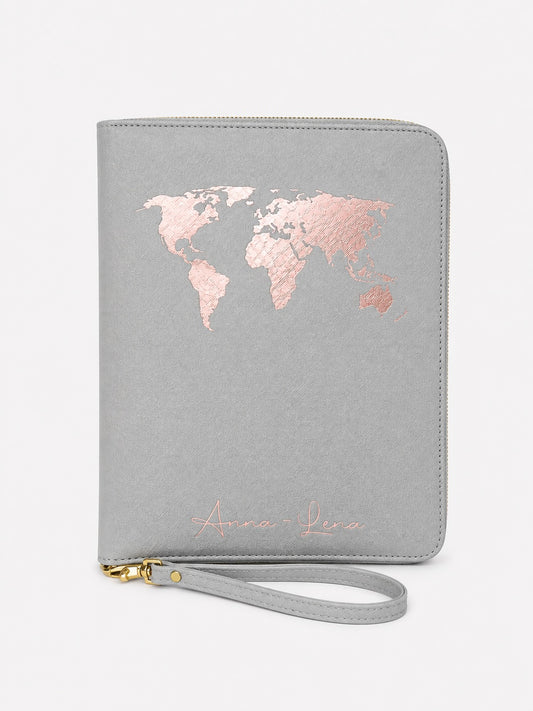 Personalisierter Reiseorganizer in Grau mit Weltkarte und Namen in Roségold