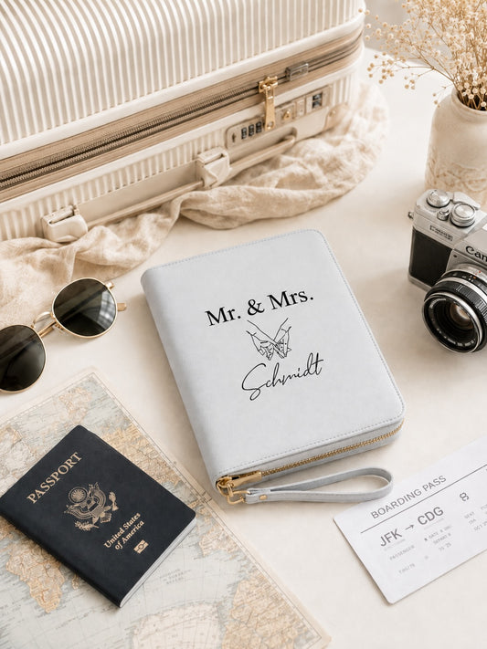 Personalisierter hellgrauer Reiseorganizer „Mr. & Mrs. Schmidt“ mit goldenen Details, dekorativ auf einem Tisch mit Koffer, Reisepass, Sonnenbrille, Kamera und Boarding Pass arrangiert.