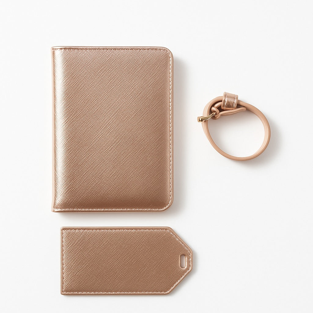 Reisepasshülle und Kofferanhänger aus Saffiano-Leder in Roségold, elegantes Reise-Set für Damen.