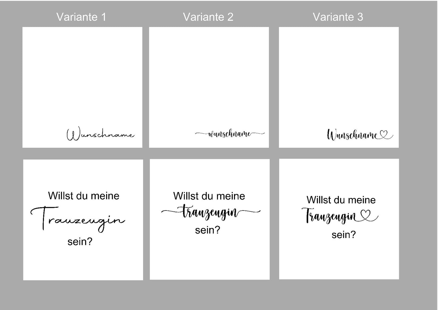 Schrift-Varianten für personalisierte Trauzeugin Geschenkbox mit Wunschname.