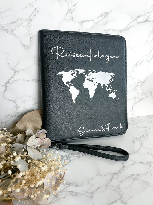Personalisierter Premium Organizer / Reiseunterlagen + Weltkarte