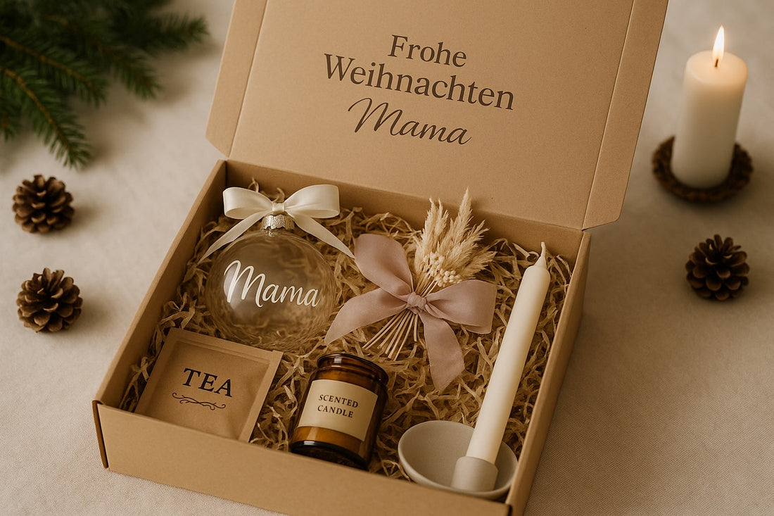 Personalisierte Weihnachtsgeschenkbox für Mama mit Weihnachtskugel, Tee, Duftkerze, Stabkerze im Kerzenhalter und Trockenblumen, liebevoll arrangiert in einer Kraftpapier-Box mit Aufdruck ‚Frohe Weihnachten Mama‘