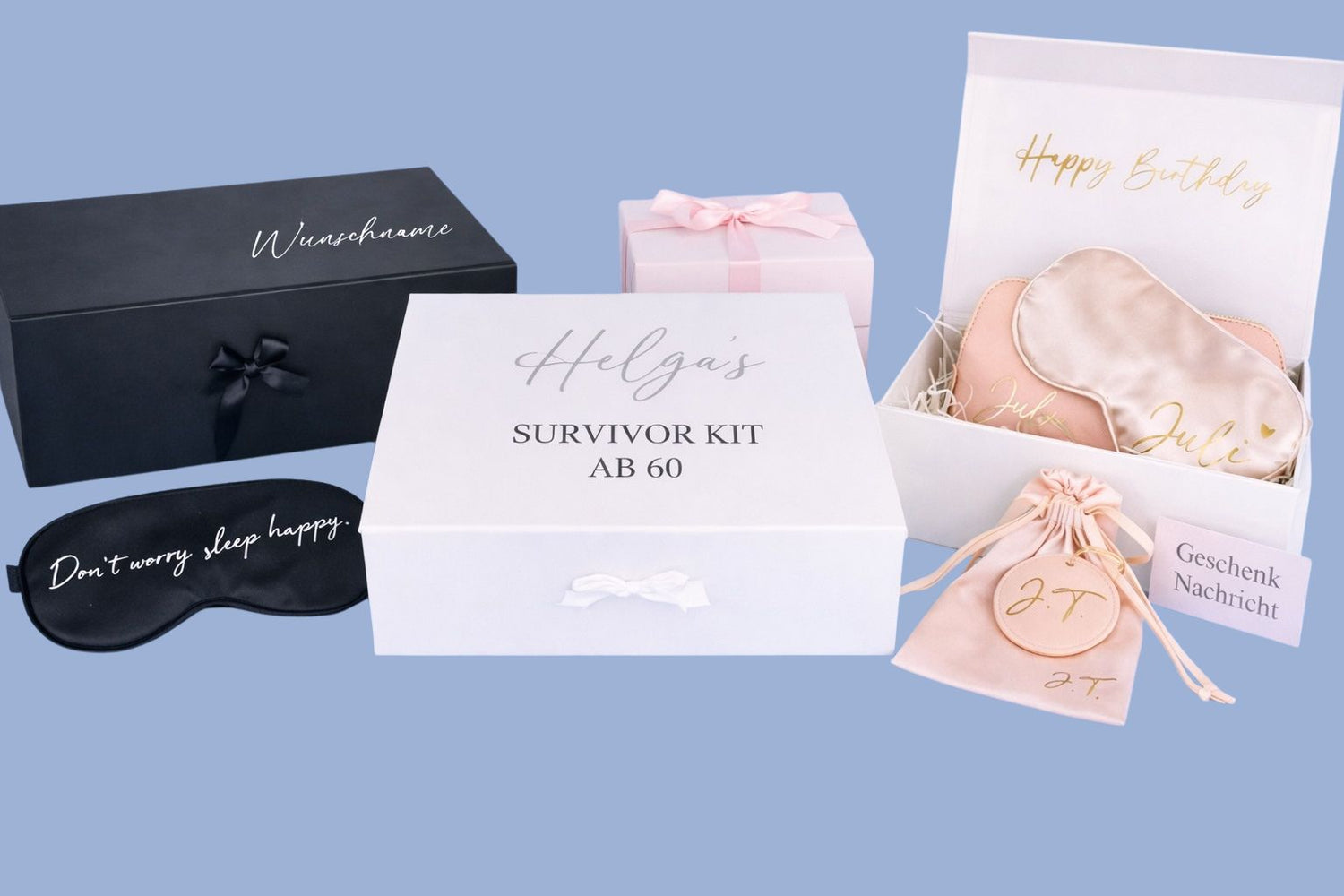 Personalisierter Geschenkboxen zum Geburtstag mit Reise- und Wellness-Set in Schwarz, Weiß und Rosa