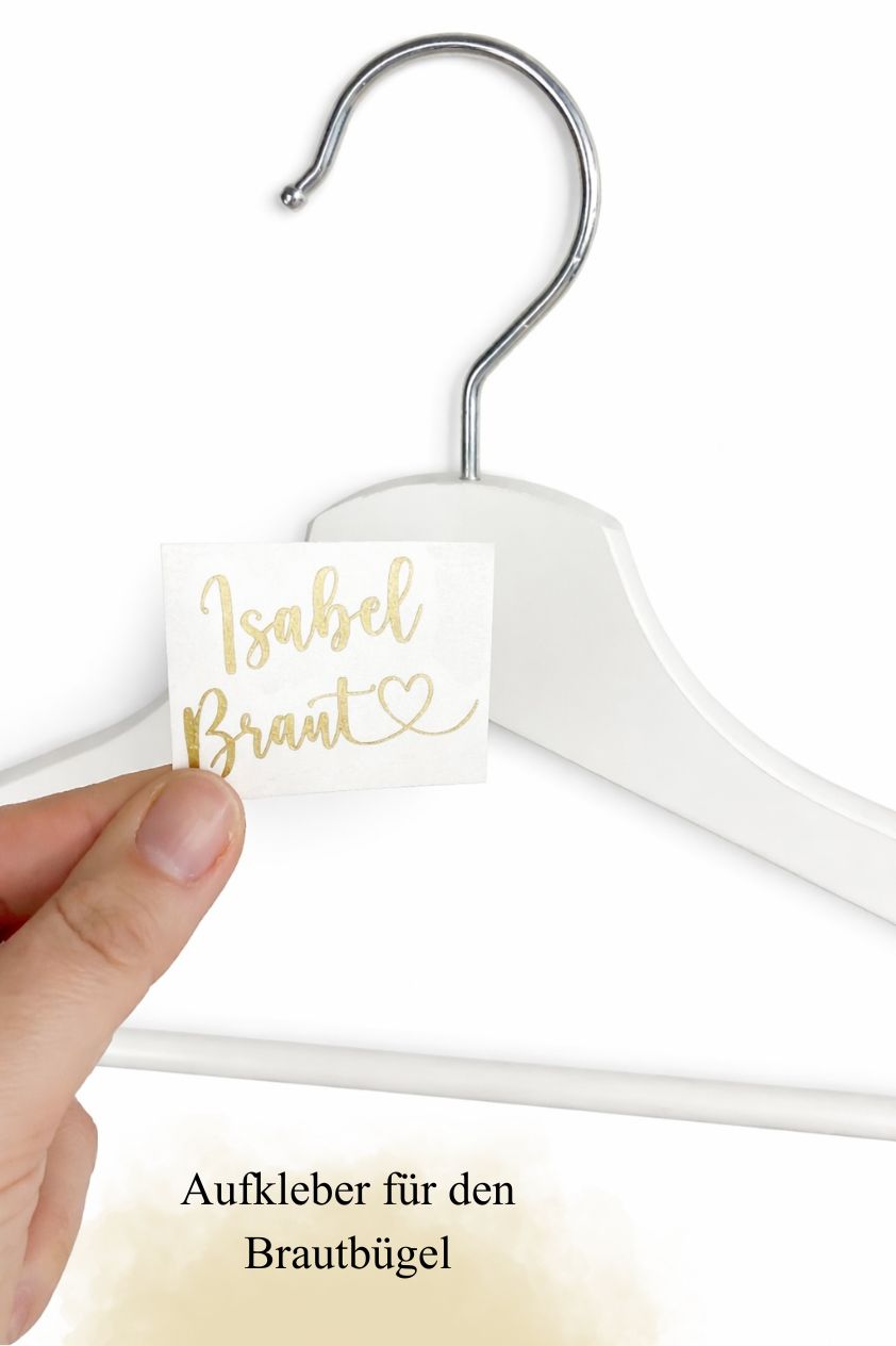 Personalisierter Aufkleber für Brautbügel mit Name und Schriftzug Braut in Goldfolie, ideal für Hochzeitskleiderbügel und Getting Ready Fotos.
