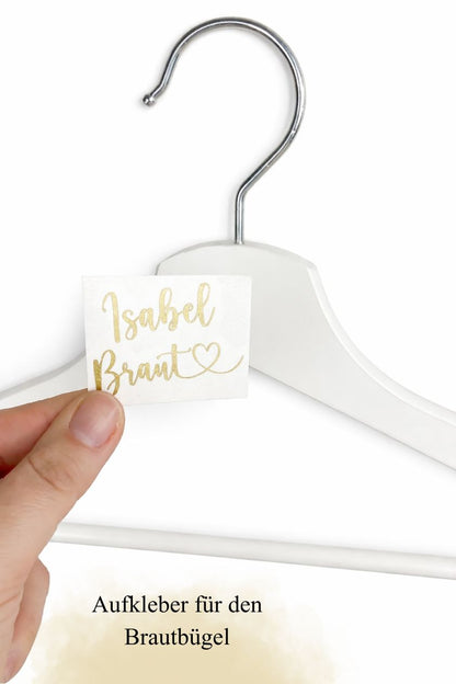 Personalisierter Aufkleber für Brautbügel mit Name und Schriftzug Braut in Goldfolie, ideal für Hochzeitskleiderbügel und Getting Ready Fotos.
