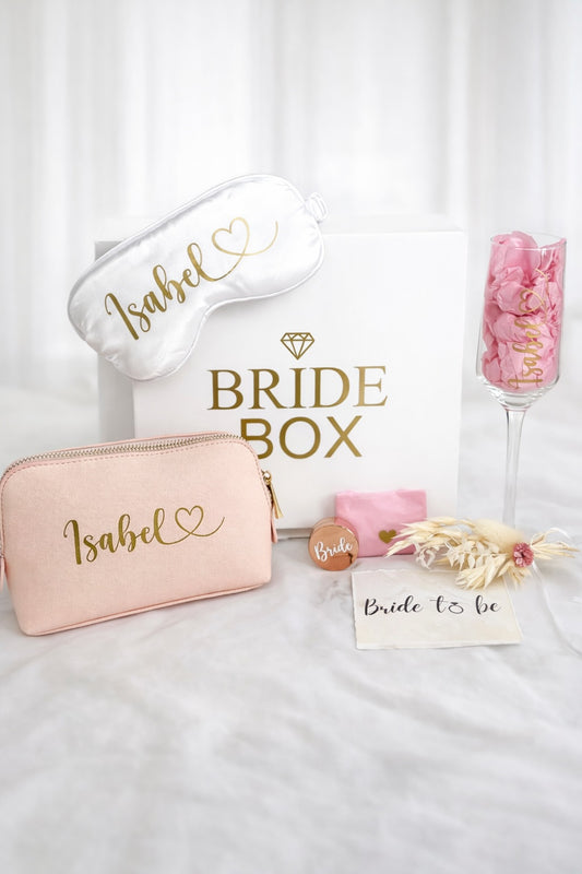 Personalisierte Bride Box mit Schlafmaske, Kosmetiktasche, Glas und Brautgeschenk für das Getting Ready der Braut