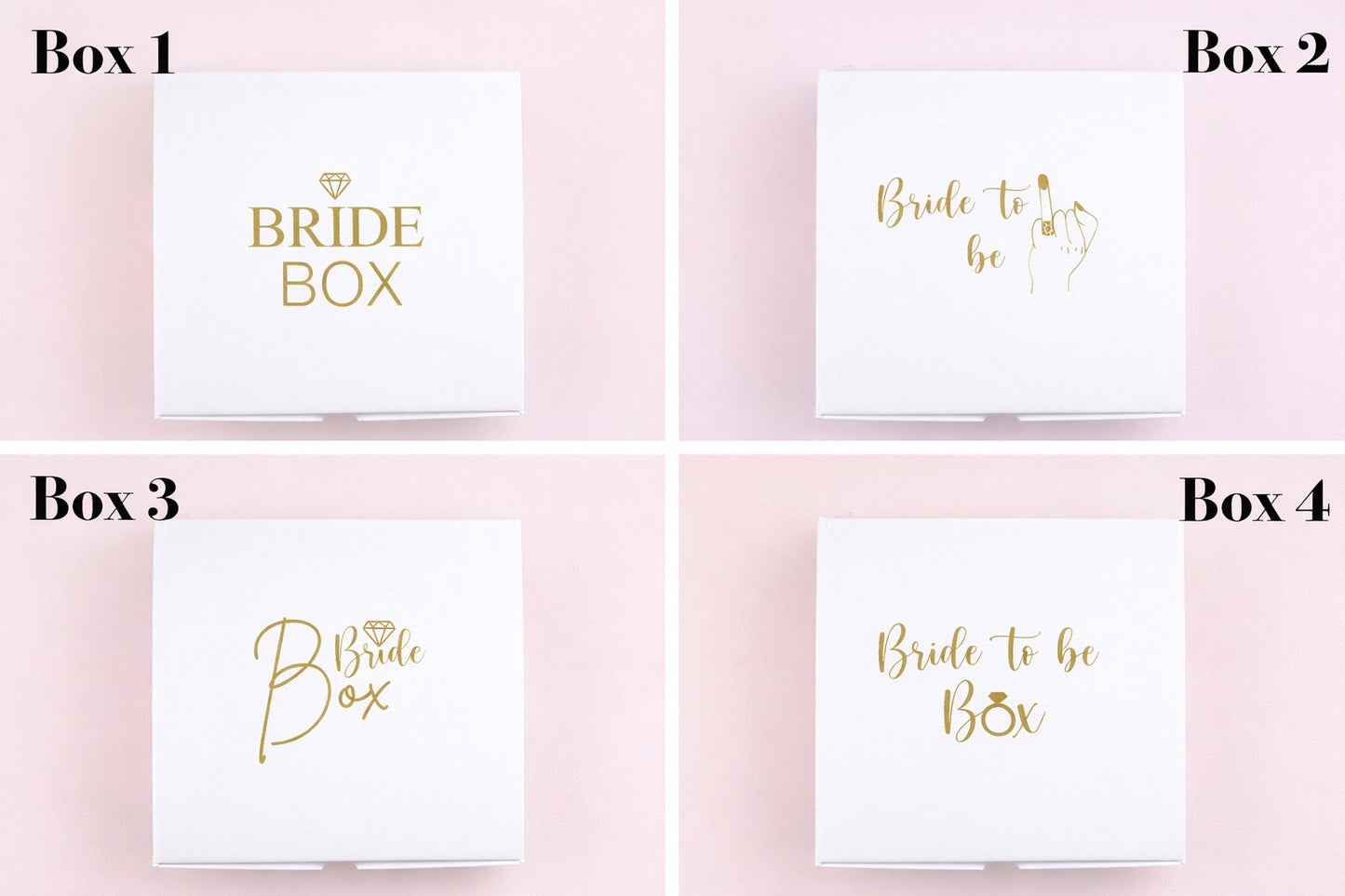 Vier verschiedene Designs einer weißen Braut Geschenkbox mit goldener Aufschrift Bride Box und Bride to be zur Auswahl.