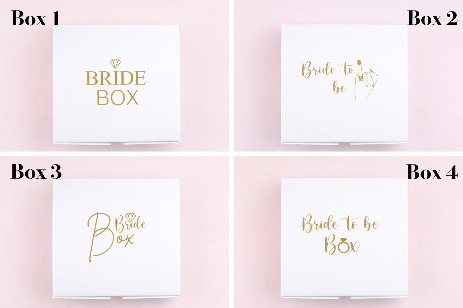 Vier verschiedene Designs einer weißen Braut Geschenkbox mit goldener Aufschrift Bride Box und Bride to be zur Auswahl.