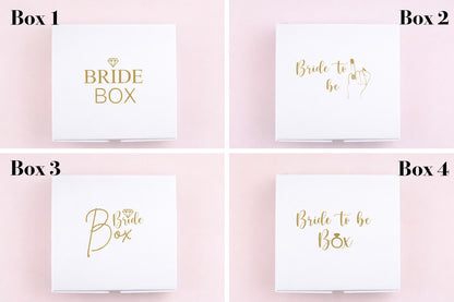Vier verschiedene Designs einer weißen Braut Geschenkbox mit goldener Aufschrift Bride Box und Bride to be zur Auswahl.