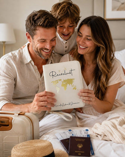 Glückliche Familie mit Mann, Frau und Kind schaut gemeinsam einen cremefarbenen personalisierten Reiseorganizer mit goldenem Weltkarten-Motiv und dem Schriftzug „Reiselust“ an, umgeben von Reiseaccessoires in heller, freundlicher Atmosphäre.