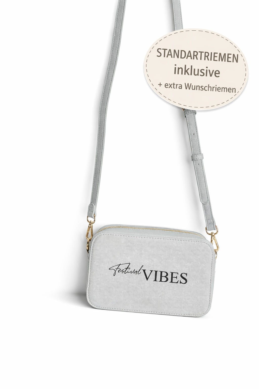 Festival Vibes Crossbody Tasche mit Standardriemen in Grau, inklusive zusätzlichem Wunschriemen zur Auswahl, auf hellem neutralem Hintergrund.