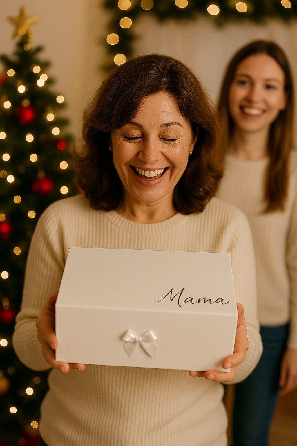 Frau freut sich an Weihnachten über eine weiße Geschenkbox mit der Aufschrift Mama, perfekte Geschenkidee und Weihnachtsgeschenk für Mama, Frau oder Oma.