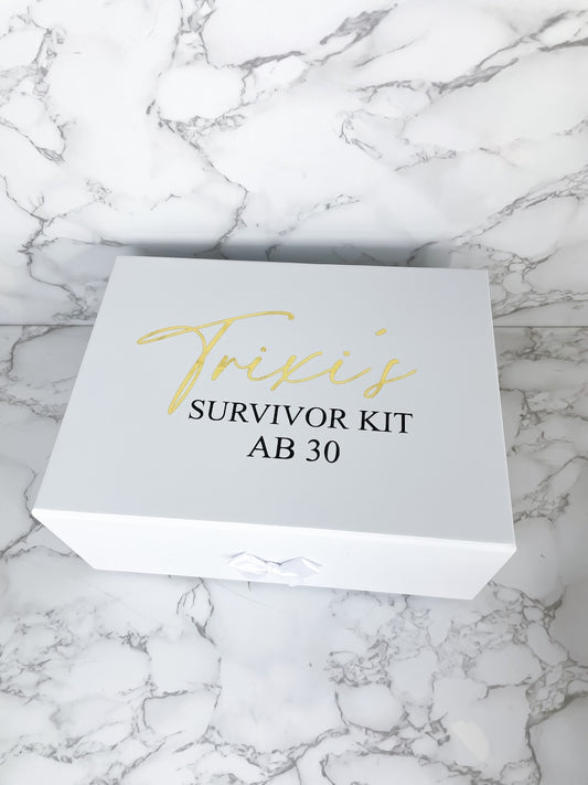 Personalisierbare Geschenkbox Survivor Kit zum Selberbefüllen für runde Geburtstage, ideal für den 18., 30. oder 40. Geburtstag