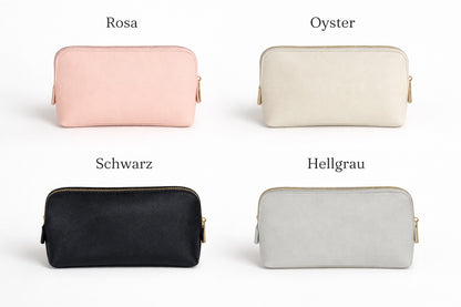 Kosmetiktasche in vier Farben Rosa, Oyster, Schwarz und Hellgrau mit Reißverschluss als Auswahl für personalisierte Braut Geschenkbox.