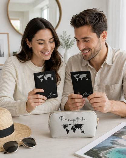 Helles Lifestyle-Bild mit einem lächelnden Paar, das personalisierte schwarze Reisepasshüllen in der Hand hält, während die passende hellgraue Reiseapotheke auf dem Tisch steht.