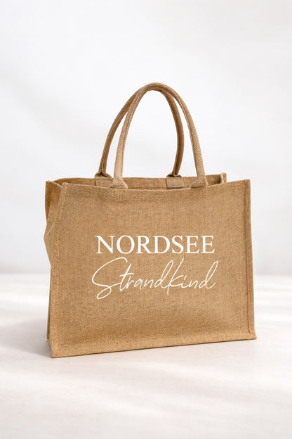Jute Strandtasche mit Aufdruck „Nordsee Strandkind“ in Weiß, große natürliche Beachbag für Strand, Urlaub und Meer