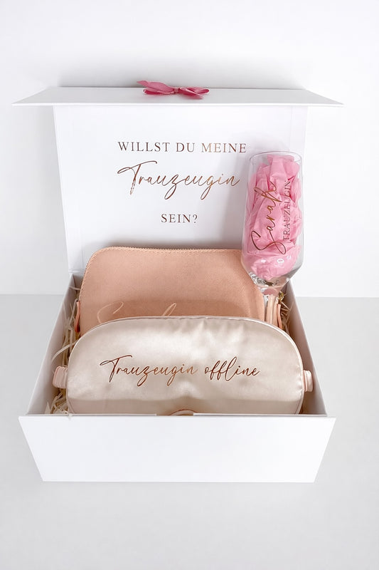 Personalisierte Trauzeugin Geschenkbox mit Kosmetiktasche, Schlafmaske und Sektglas – „Willst du meine Trauzeugin sein?