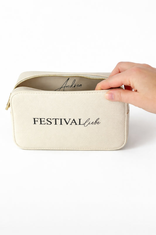 Beige Umhängetasche für Damen mit Aufdruck „Festival Liebe“ und personalisiertem Namen im Innenbereich.