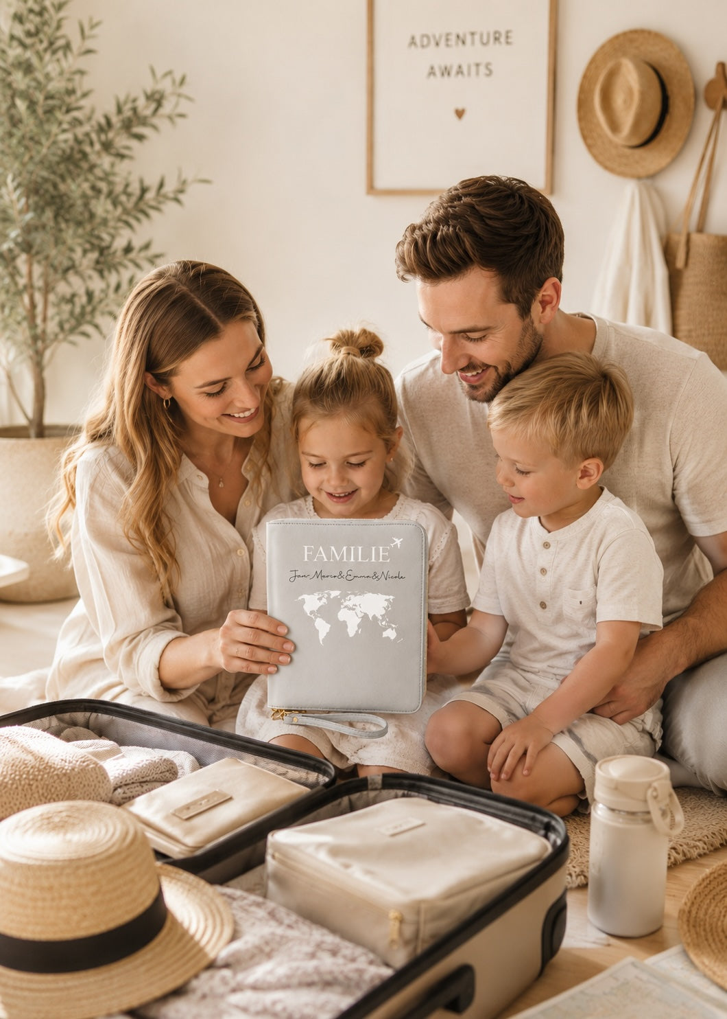 Glückliche Familie bei der Reisevorbereitung mit personalisiertem grauen Reiseorganizer vor einem geöffneten Koffer.