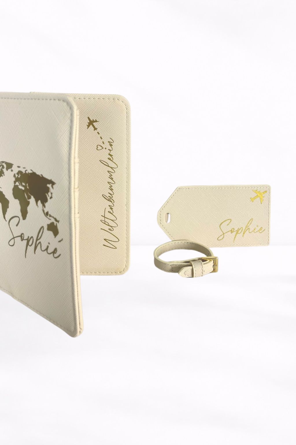 Personalisiertes Reise Set in Creme mit Passhülle, Kofferanhänger und Name