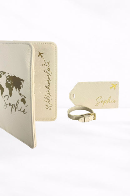 Personalisiertes Reise Set in Creme mit Passhülle, Kofferanhänger und Name
