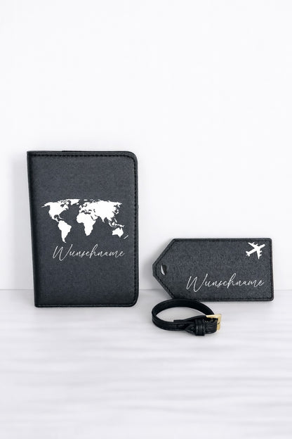 Personalisiertes Reise Set in Schwarz mit Passhülle und Kofferanhänger mit Wunschname und Weltkarte