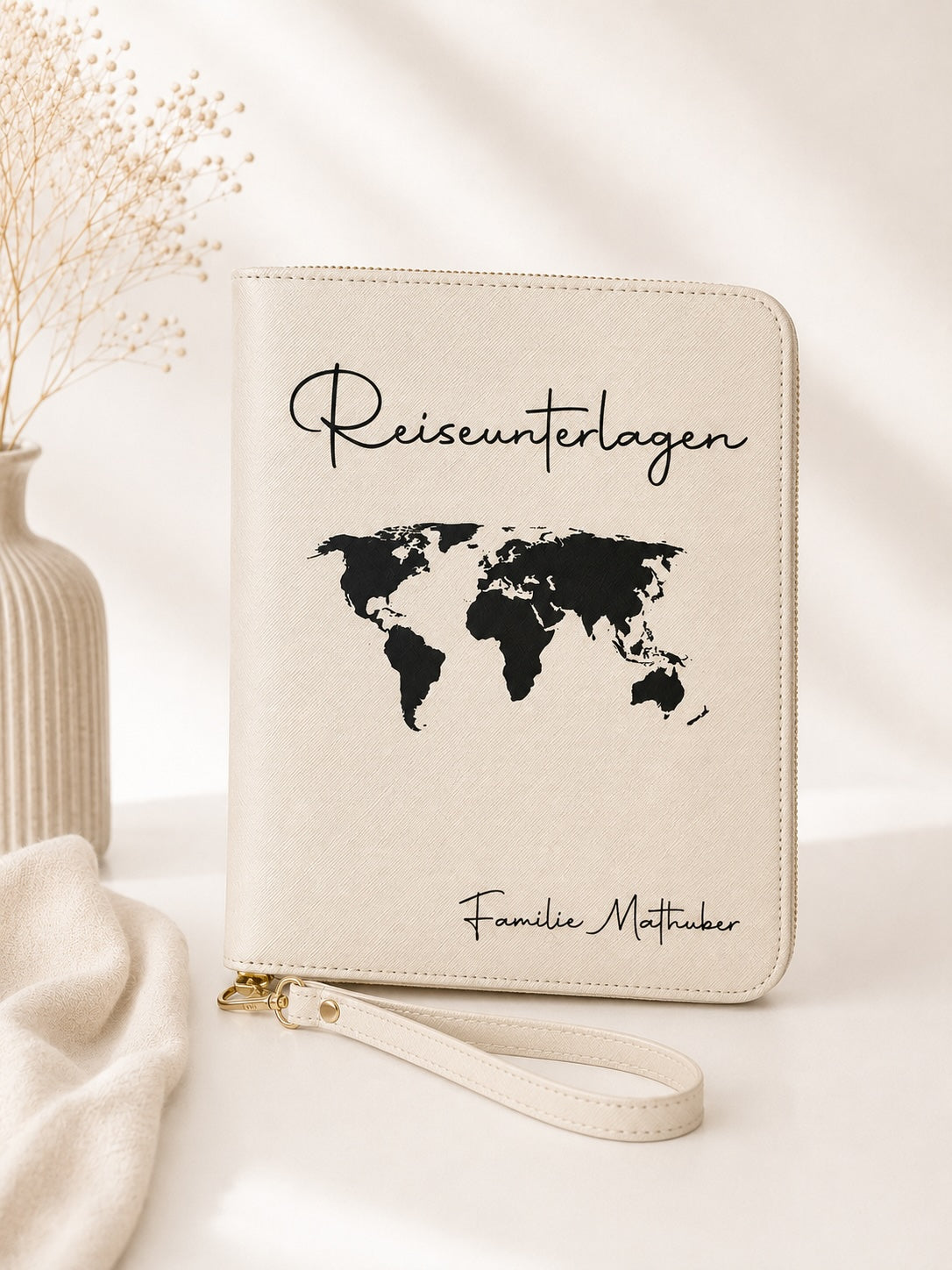 Beiger personalisierter Reiseorganizer mit schwarzem Schriftzug „Reiseunterlagen“, schwarzer Weltkarte und der Personalisierung „Familie Mathuber“ vor hellem, neutralem Hintergrund.