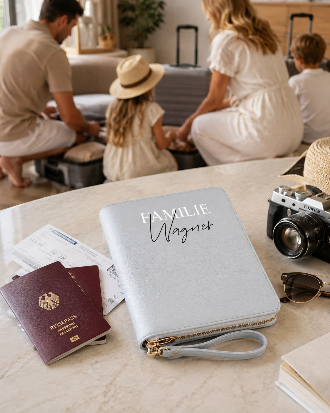 Personalisierter Reiseorganizer „Familie Wagner“ auf einem Tisch mit Reisepässen, Flugtickets, Sonnenbrille und Kamera, während eine Familie im Hintergrund ihre Koffer fürs Reisen packt.