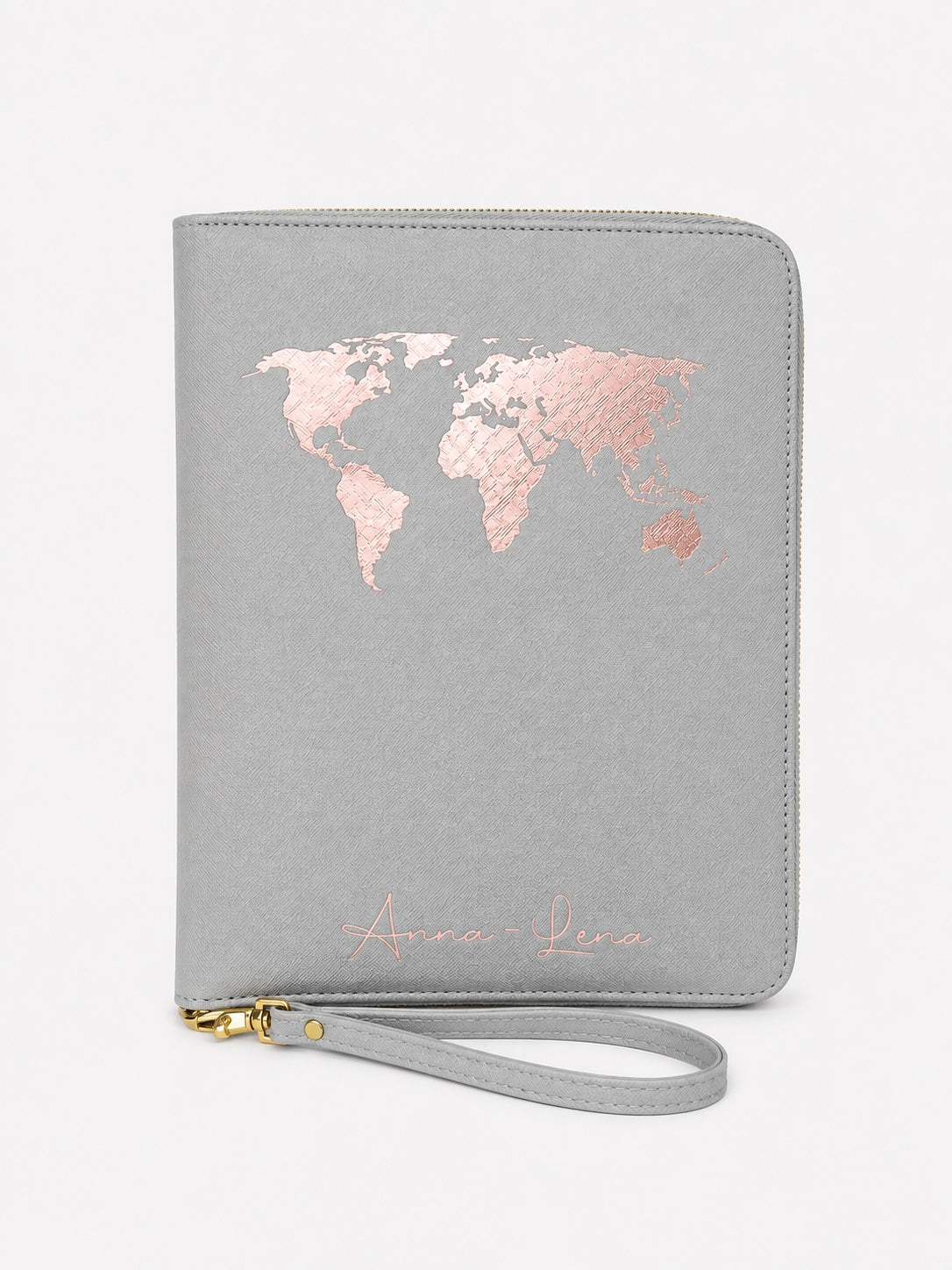 Personalisierter Reiseorganizer in Grau mit Weltkarte und Namen in Roségold