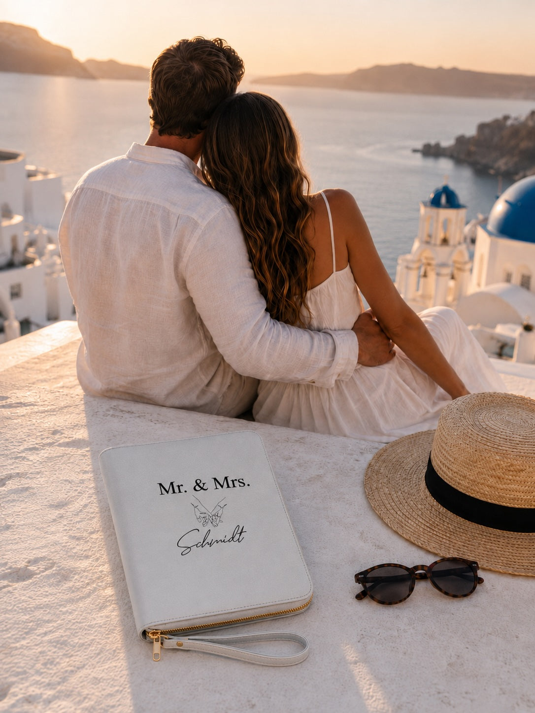Personalisierter hellgrauer Reiseorganizer „Mr. & Mrs. Schmidt“ mit schwarzem Handmotiv und goldenen Details vor romantischer Flitterwochenkulisse.