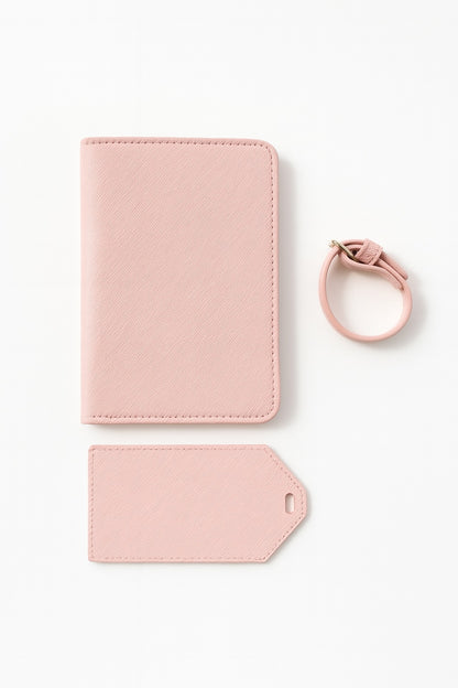 Reisepasshülle und Kofferanhänger aus rosa Saffiano-Leder, feminines Reise-Set.