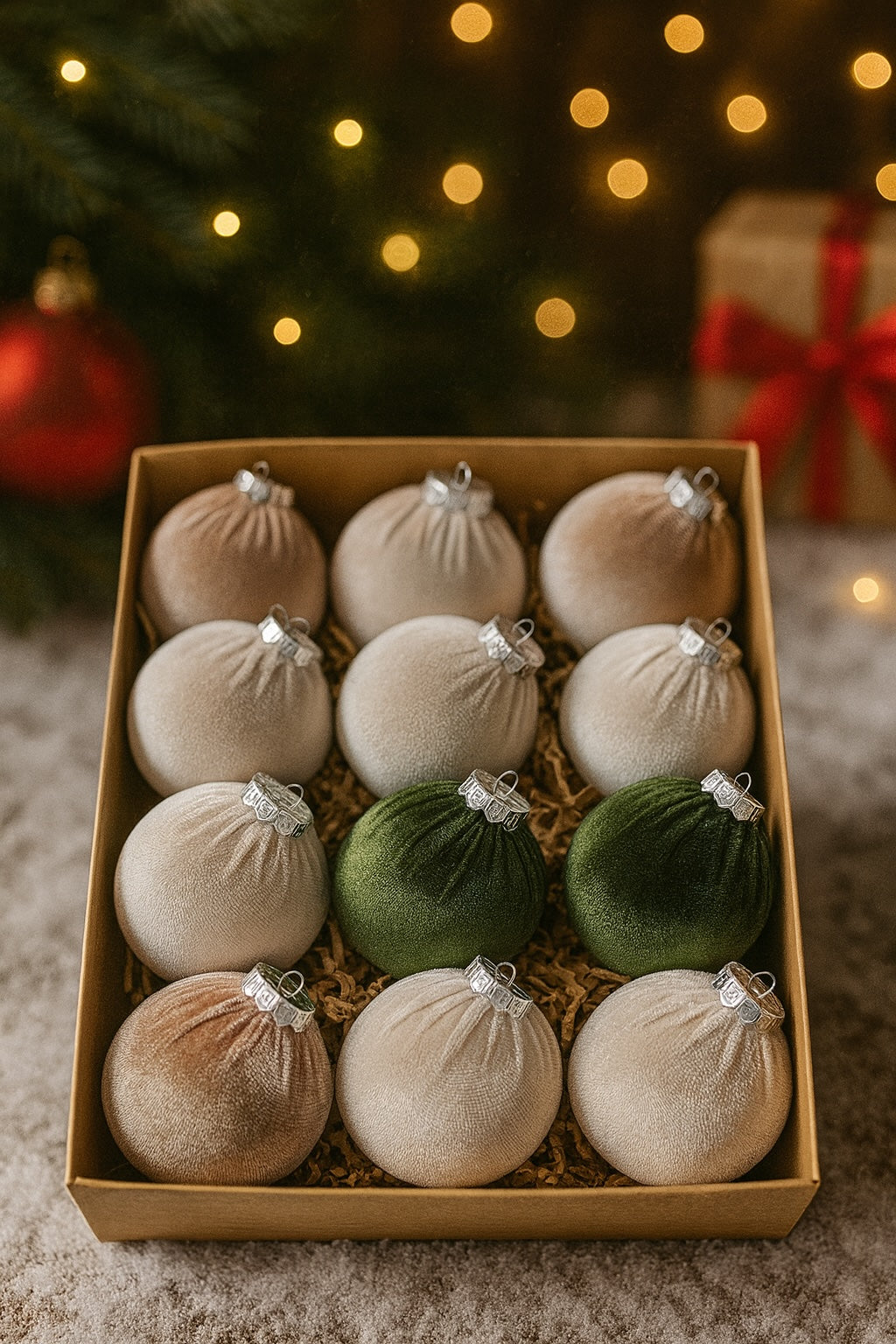 Set aus 12 beflockten Weihnachtskugeln Ø 8 cm in edler Samt-Optik, Farben Beige, Braun und Dunkelgrün, mit silbernem Kranz. Dekorativ in einer Geschenkbox arrangiert, vor weihnachtlichem Hintergrund mit Tannenbaum und Lichtern.