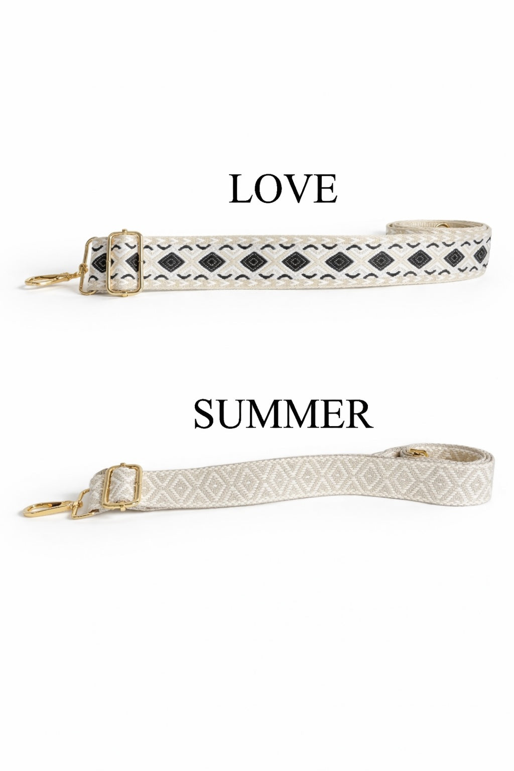 Zwei verstellbare Taschengurte für Umhängetaschen im Boho Stil „Love“ und „Summer“ mit goldenen Karabinern auf hellem neutralem Hintergrund.
