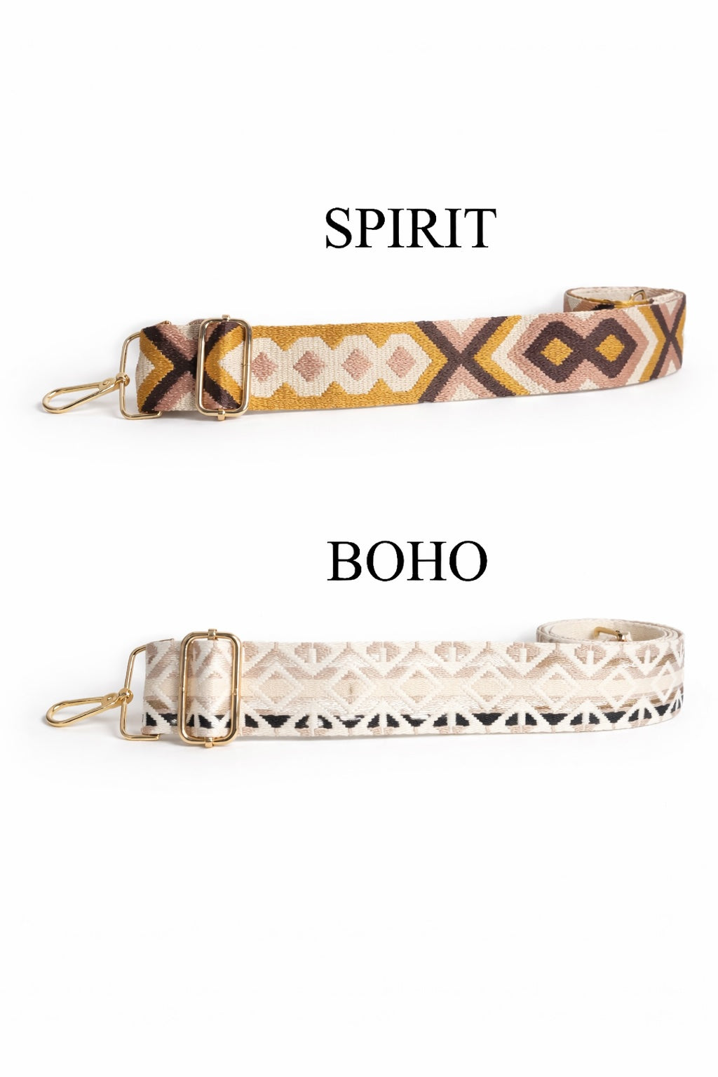 Verstellbare Taschenriemen Spirit und Boho mit gewebtem Muster und goldenen Karabinern auf hellem neutralem Hintergrund.