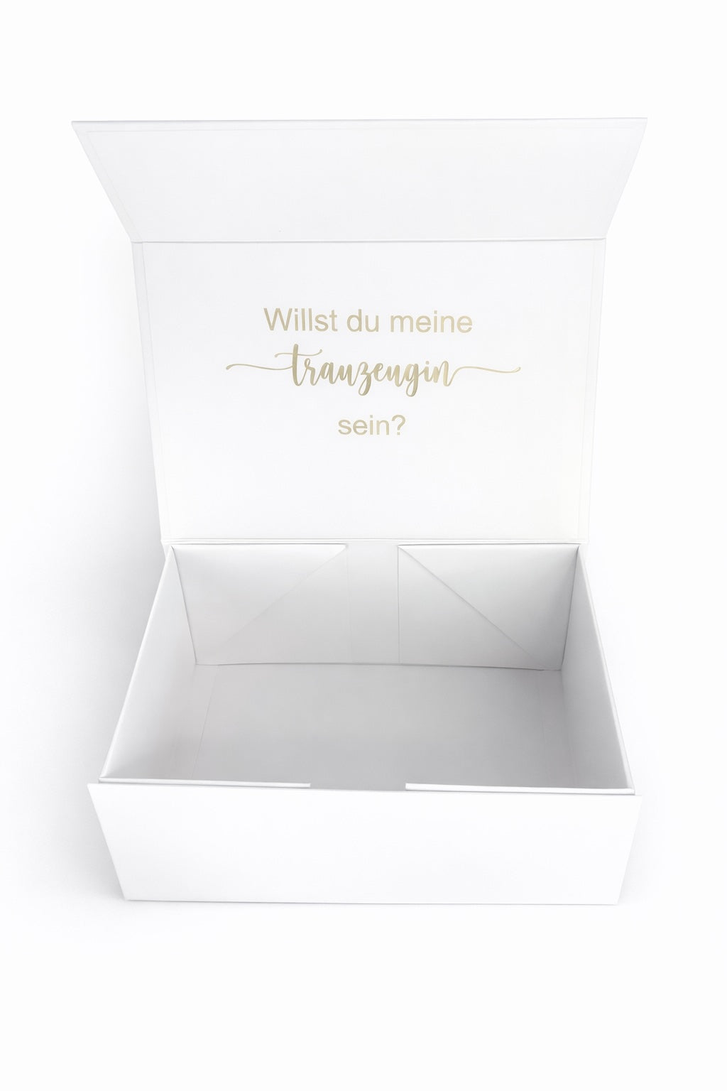 Leere Trauzeugin Geschenkbox mit Aufdruck „Willst du meine Trauzeugin sein?“ zum Selbstbefüllen