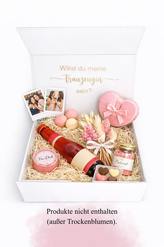 Trauzeugin Geschenkbox zum Selbstbefüllen mit Aufdruck „Willst du meine Trauzeugin sein?“ und Deko-Ideen in Rosa
