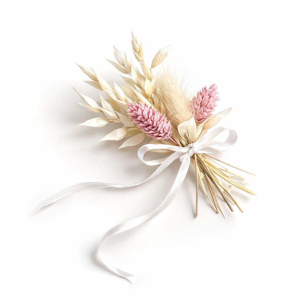 Trockenblumen-Bouquet in Rosa und Creme mit weißem Band als Dekoration für eine Trauzeugin Geschenkbox