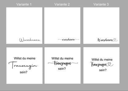Schrift-Varianten für personalisierte Trauzeugin Geschenkbox mit Wunschname.